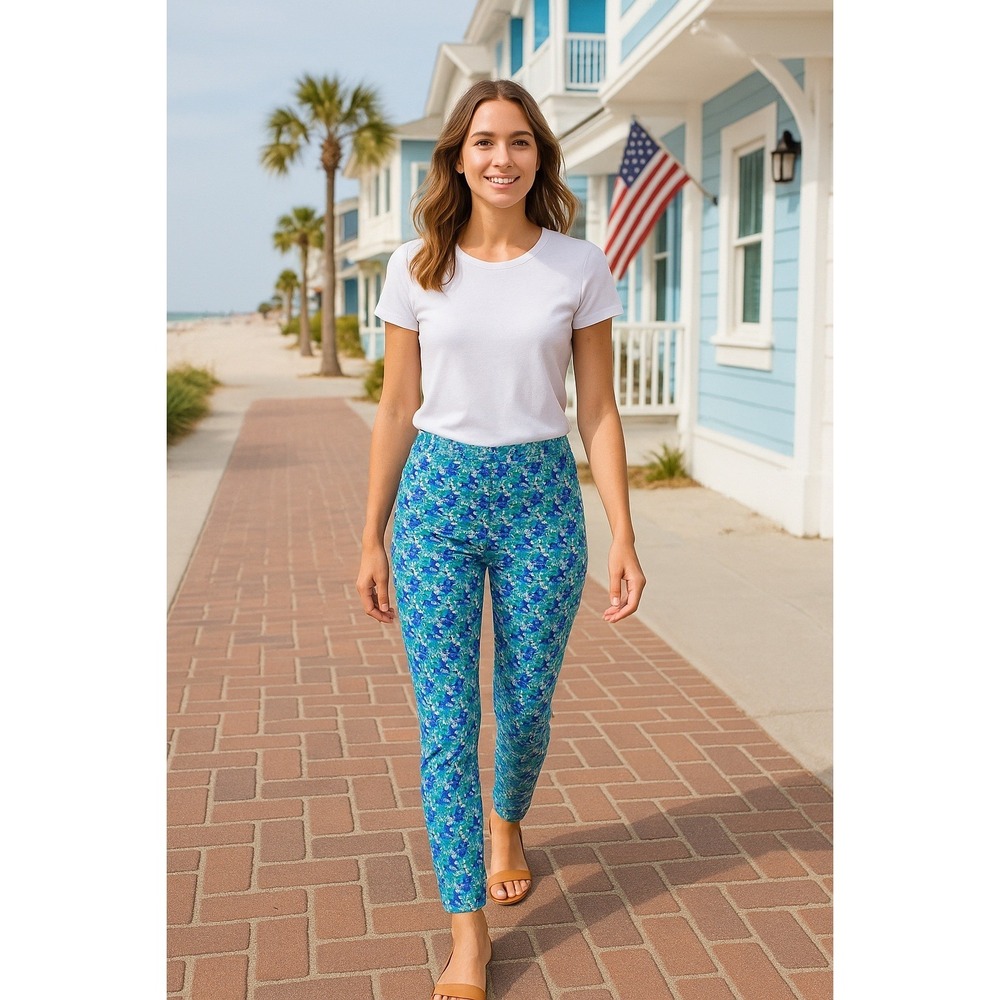 Soft Surroundings Blue Floral Straight Stretch Pants S Coastal Grandma Vacation
